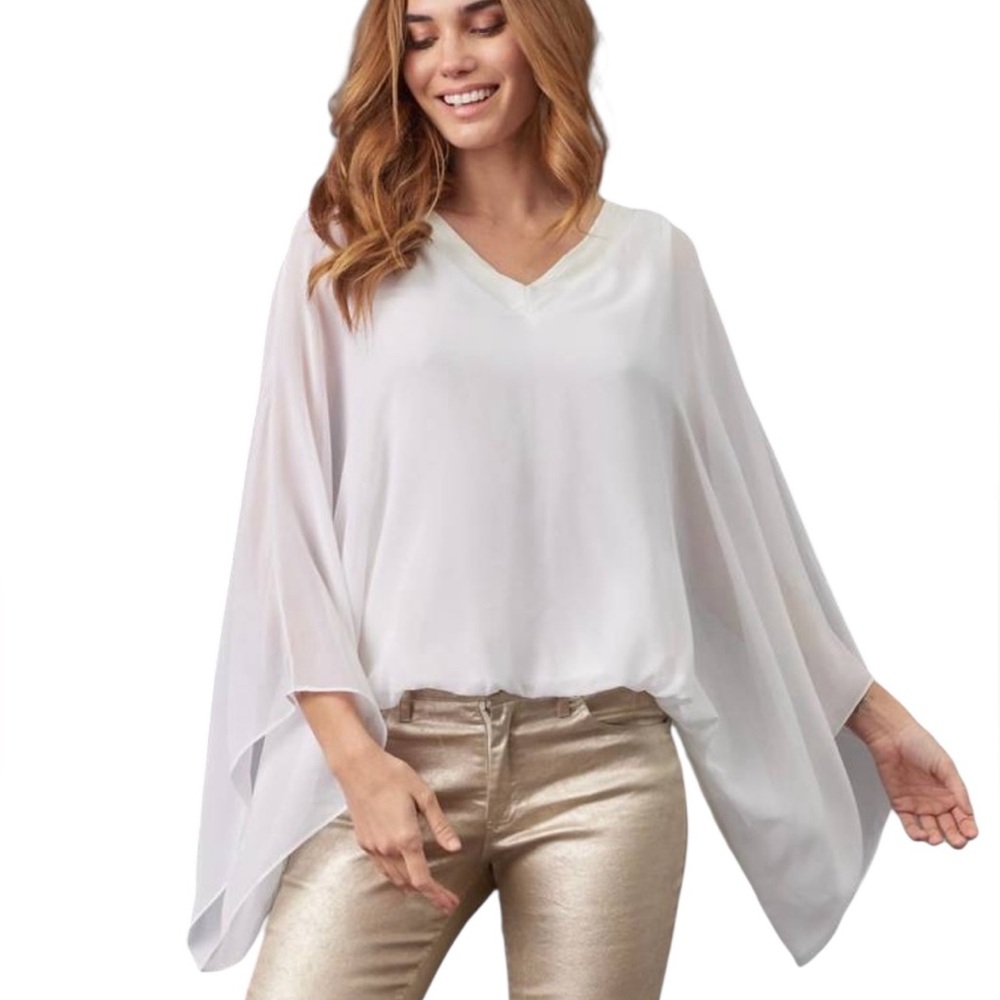 LOLA & SOPHIE HYBRID FAIRY BOHO EGGSHELL WHITE CHIFFON SHEER VNECK BLOUSE TOP S